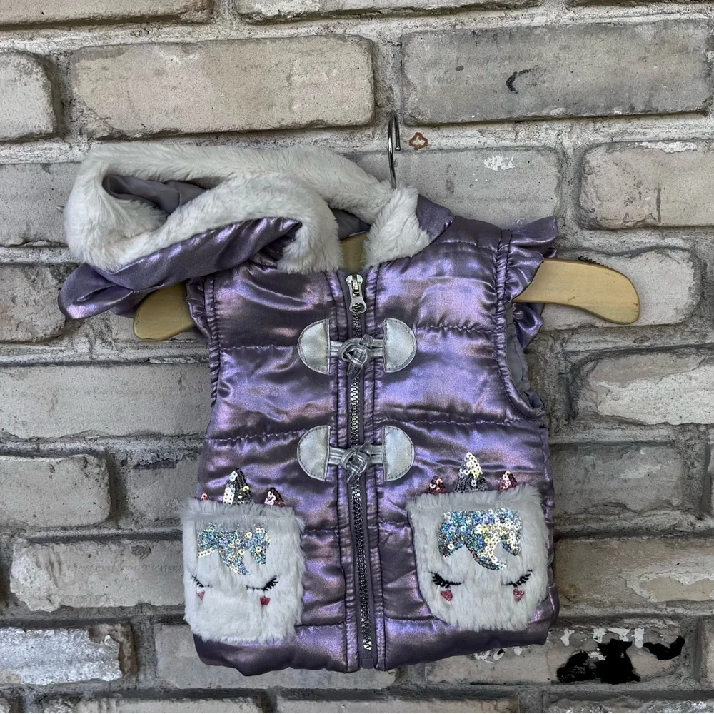 Little lass purple puff style unicorn kids vest